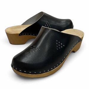 Marcus Black Leather Wooden Swedish Clogs Size 36